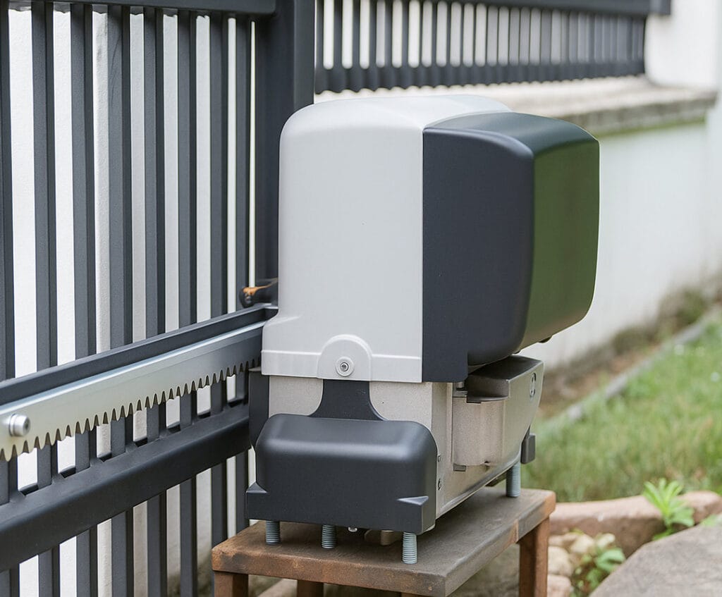 Motorised automated gates at commercial parking lot with RFID access panel